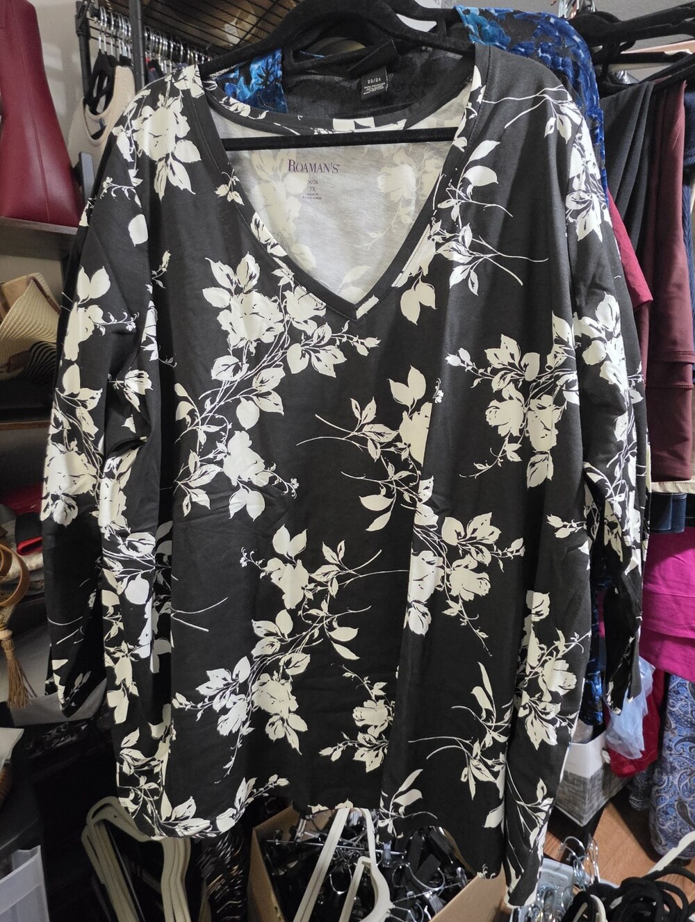 Roaman's Black & White Floral V-Neck Long Sleeve Top